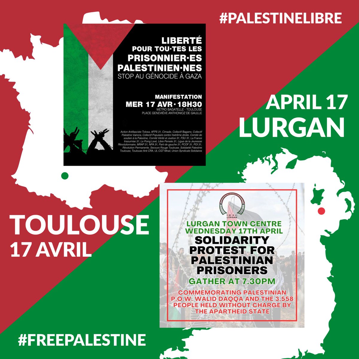 Joint demonstration tomorrow between Lurgan, Ireland and Toulouse, France for Palestinian Prisoners Day. Facilitated by our IPSC comrade Sarina, a French-Palestinian now living in her home town of Toulouse again. International solidarity can smash Zionism & liberate Palestine.