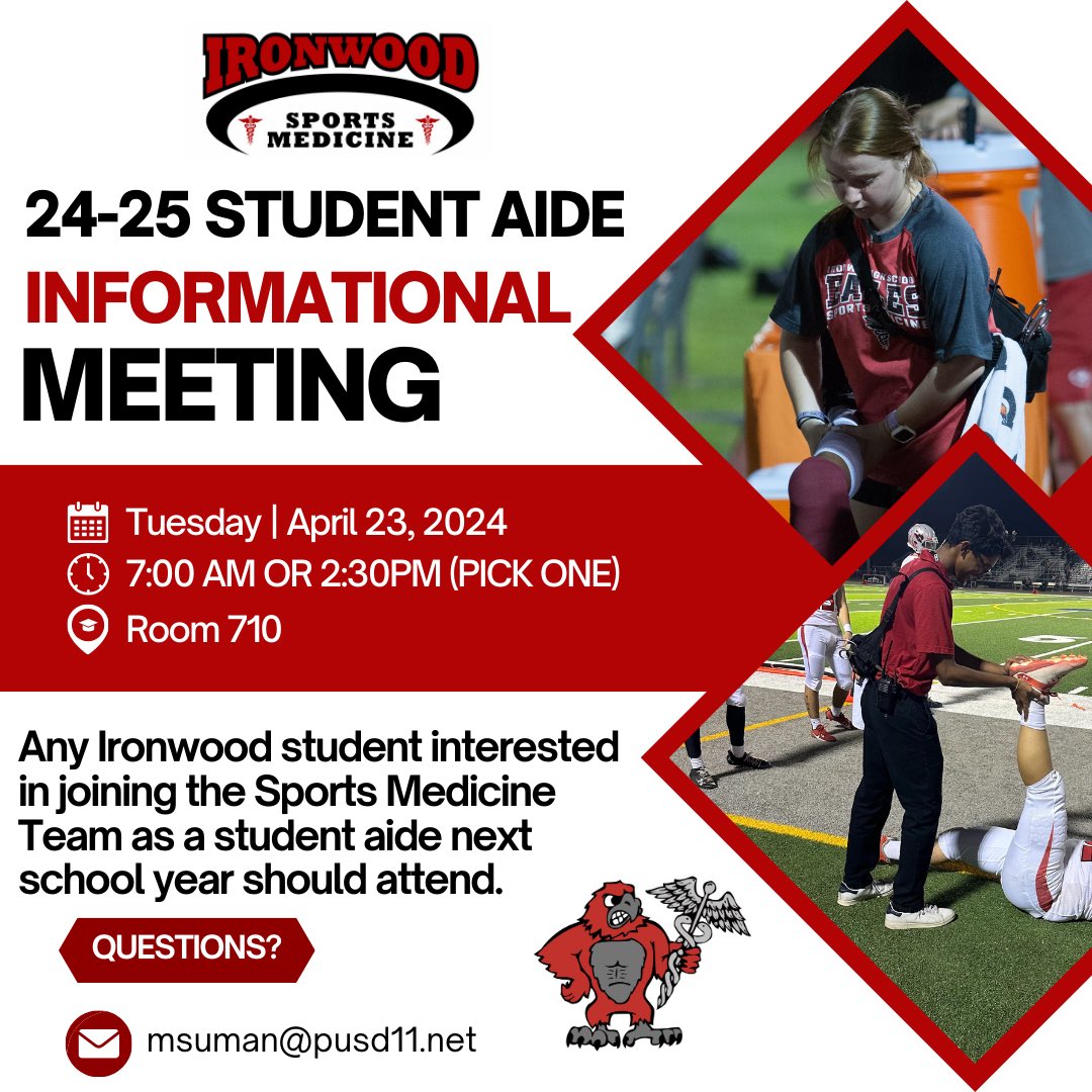 Interesting in being a student sports medicine aide next school year? Come to the informational meeting on Tuesday April 23rd before or after school in Room 710. 

See Mr. Suman if you have any questions.