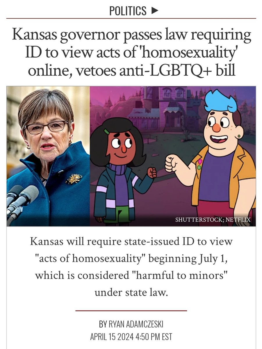 Kansas has now passed a bill that will require an ID to view LGBTQ content online. LGBTQ orgs and others could be impacted. The democratic governor refused to veto the bill. Noted anti LGBTQ bigot Kris Kobach will be in charge of enforcement.