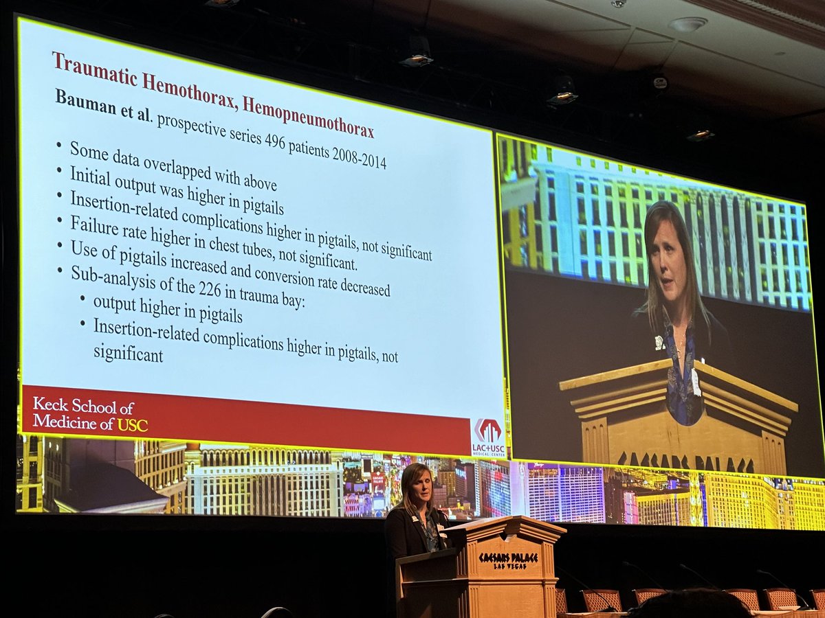 Update on the benefits and risks of pigtail vs large-bore chest tubes in trauma by @LACUSCTrauma Dr Meghan Lewis at the 2024 @TCCACS Mattox Meeting
