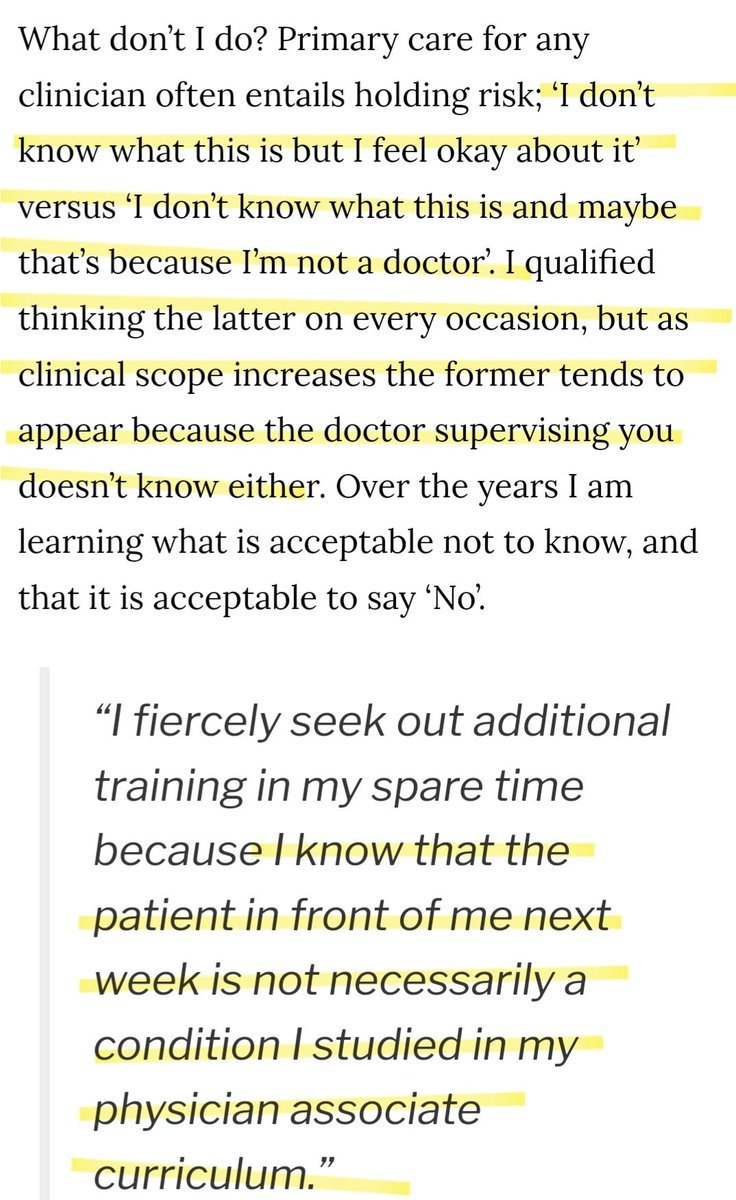 PA: 1. Admits they no longer debrief with GPs when req scans/prescriptions. 2. Admits no defined PA scope. 3. Thinks it's OK for PAs not to know things because neither do doctors sometimes. 4. What is a 'patient with mental health' and why don't they get the medical model?