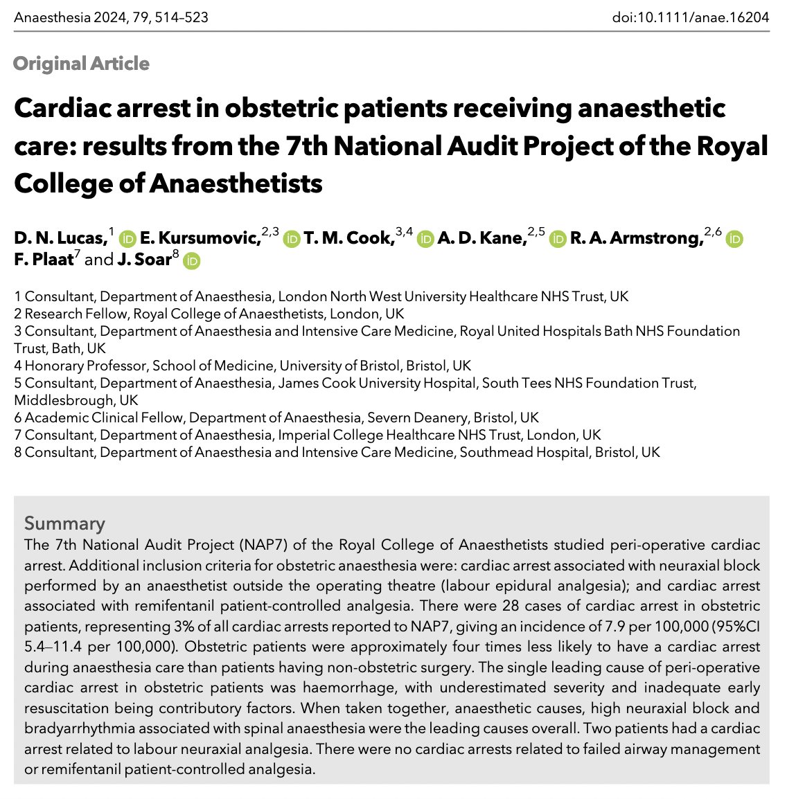 Cardiac arrest in obstetric patients receiving anaesthetic care: results from the 7th National Audit Project of the @RCoANews @noolslucas @emirakur @doctimcook @adk300 @drrichstrong @NAPs_RCoA @jas_soar …-publications.onlinelibrary.wiley.com/doi/10.1111/an…