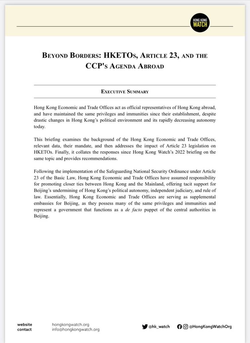 So proud to have written and published a new @hk_watch briefing on HKETOs “Beyond Borders: HKETOs, Article 23, and the CCP’s Agenda Abroad” Read it here hongkongwatch.org/all-posts/2024…