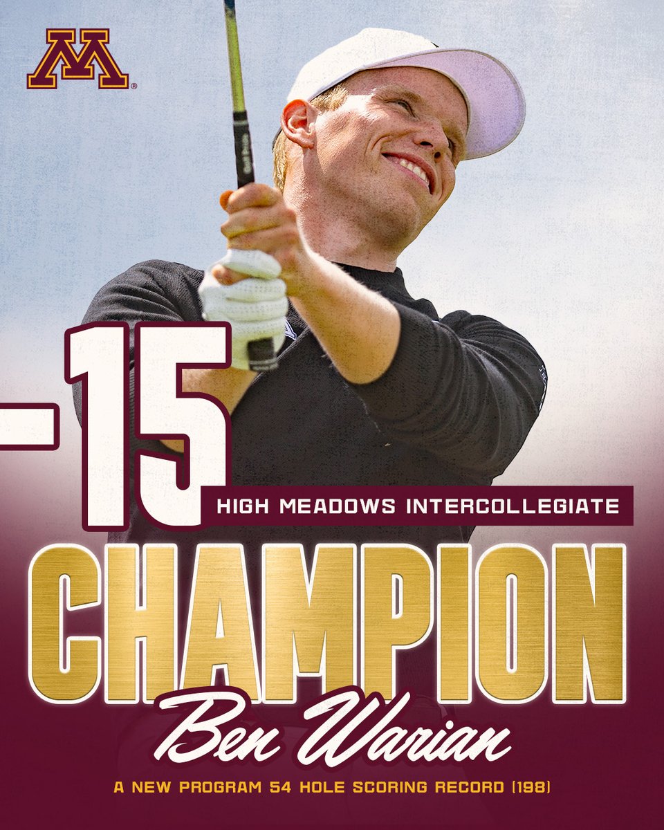 𝔸 𝕨𝕚𝕟 𝕗𝕠𝕣 𝕥𝕙𝕖 𝕒𝕘𝕖𝕤. Ben Warian is victorious at the High Meadows Intercollegiate! 〽 His 54 -hole score of 198 sets a new program record previously held by Angus Flanagan back in 2019. #GoGophers #SkiUMah