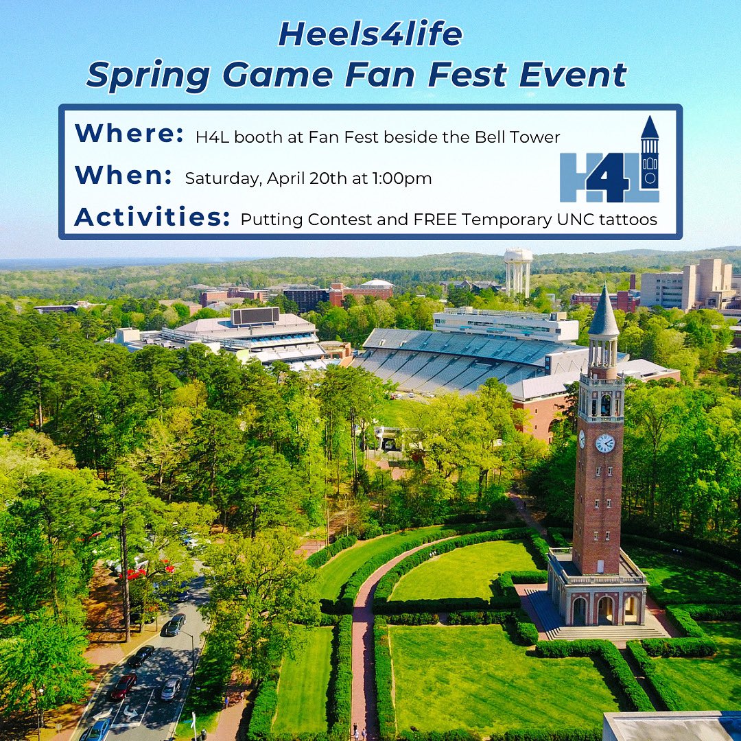 THIS Saturday, April 20th come see Heels4Life at the Spring Game! 🏈 Starting at 1pm we will have a booth at Fan Fest beside the Bell Tower. We will be giving out free temporary UNC tattoos to kids and hosting a putting contest!⛳️ All efforts are to raise money for your Heels! 🐏