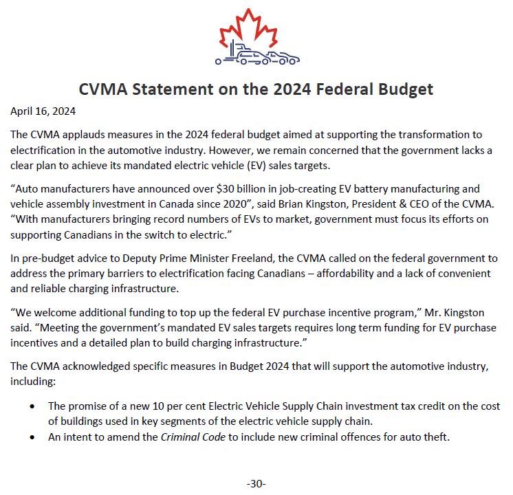 The CVMA applauds measures in the 2024 federal budget aimed at supporting the transformation to electrification in the automotive industry. However, we remain concerned that the government lacks a clear plan to achieve its mandated EV sales targets. #Budget2024 #cdnpoli