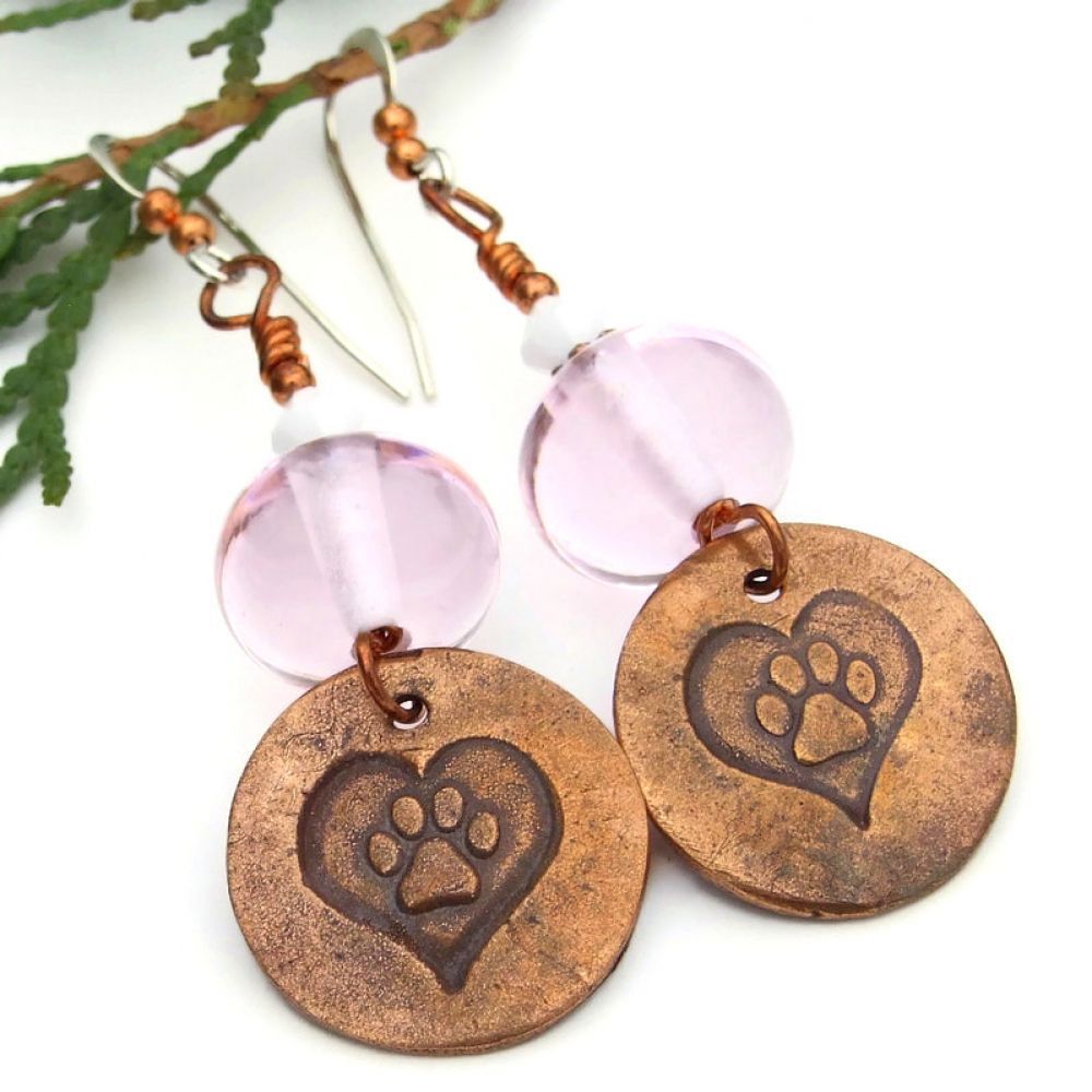 Fun #DogLover Copper #PawPrints & #Hearts Dangle #Earrings w/ Pink #Lampwork!  via @ShadowDogDesign #cctag #MothersDay #Dogs #DogEarrings     bit.ly/BestFriendSD