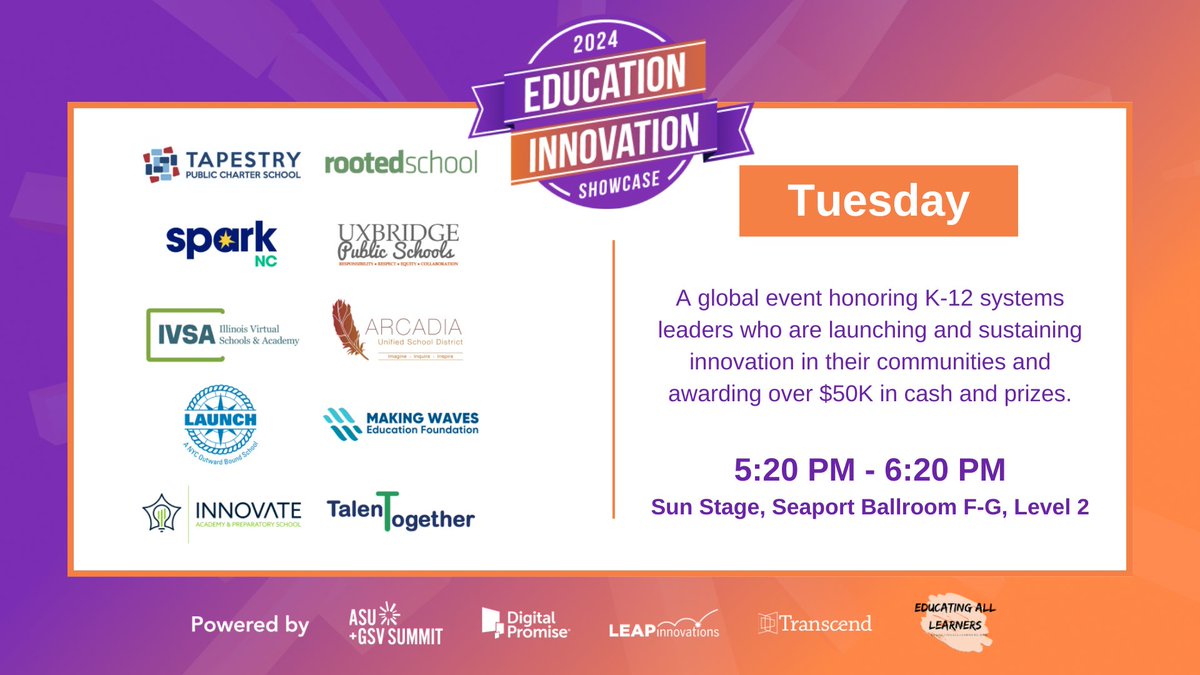 Join us in celebrating the incredible innovations in K-12 education for the annual Education Innovation Showcase at 4:40pm on Sun Stage or livestream. Powered by @DigitalPromise, @leapinchicago, @transcendnet, @educateall_org, and @asugsvsummit hubs.li/Q02t3kLG0