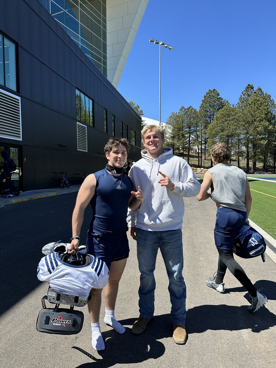 Had a great morning at @NAU_Football spring practice and seeing the facilities. Thank you Coaches @CoachB_Larson, @Coach_Cheatwood and @CoachAdamClark for the invite. It was great seeing former @alaqcfootball Patriots Drake Cluff @bigplaydc, Matthew Blau @blau_matthew and Ethen