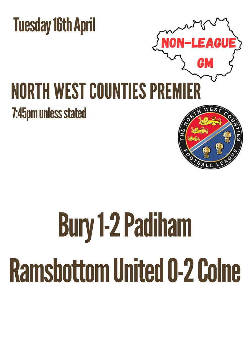 Would you believe it? @buryfcofficial can't capitalise on slipups at weekend, & lose to Padiham as the incredible title race in the @nwcfl Premier has another twist

It's in Wythenshawe's hands now!

In the other game, @RamsbottomUtd were beaten by Colne