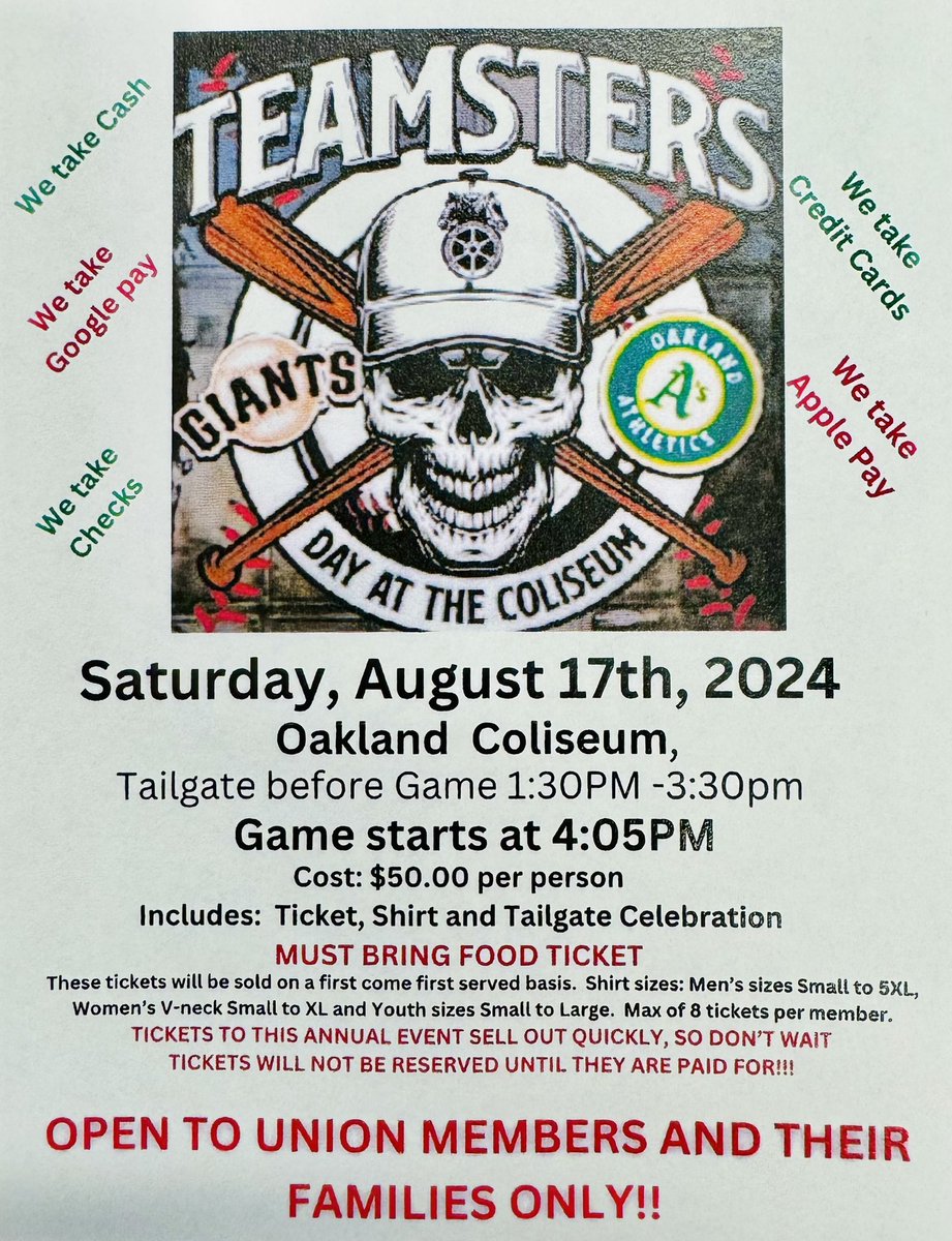 Teamsters Day at the Coliseum. Saturday, August 17, 2024. SF Giants v. Oakland A’s. Get your tickets before we sell out! ⚾️🧢🏟️