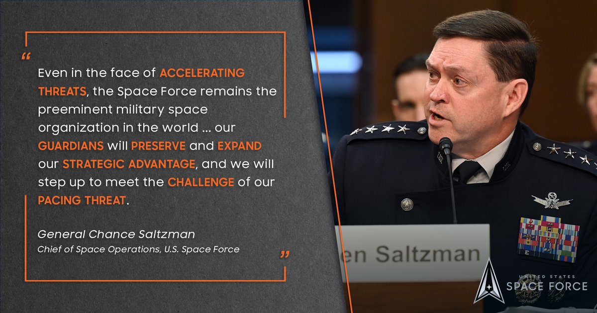 .@SpaceForceCSO Gen. Chance Saltzman testified to the Senate Committee on Armed Services today, reaffirming the Space Force's critical role in national defense and the asymmetric returns the service offers to the nation for every dollar budgeted. #SemperSupra