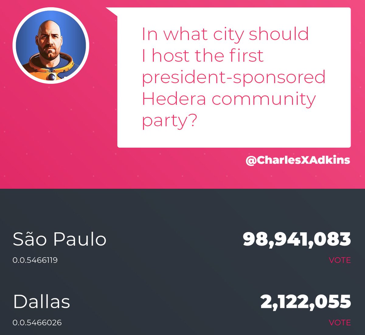 Someone REALLY wants @CharlesXAdkins to go organize a party in São Paulo! Love this system, so cool! @hbarvote @WeTheMouth #hbar