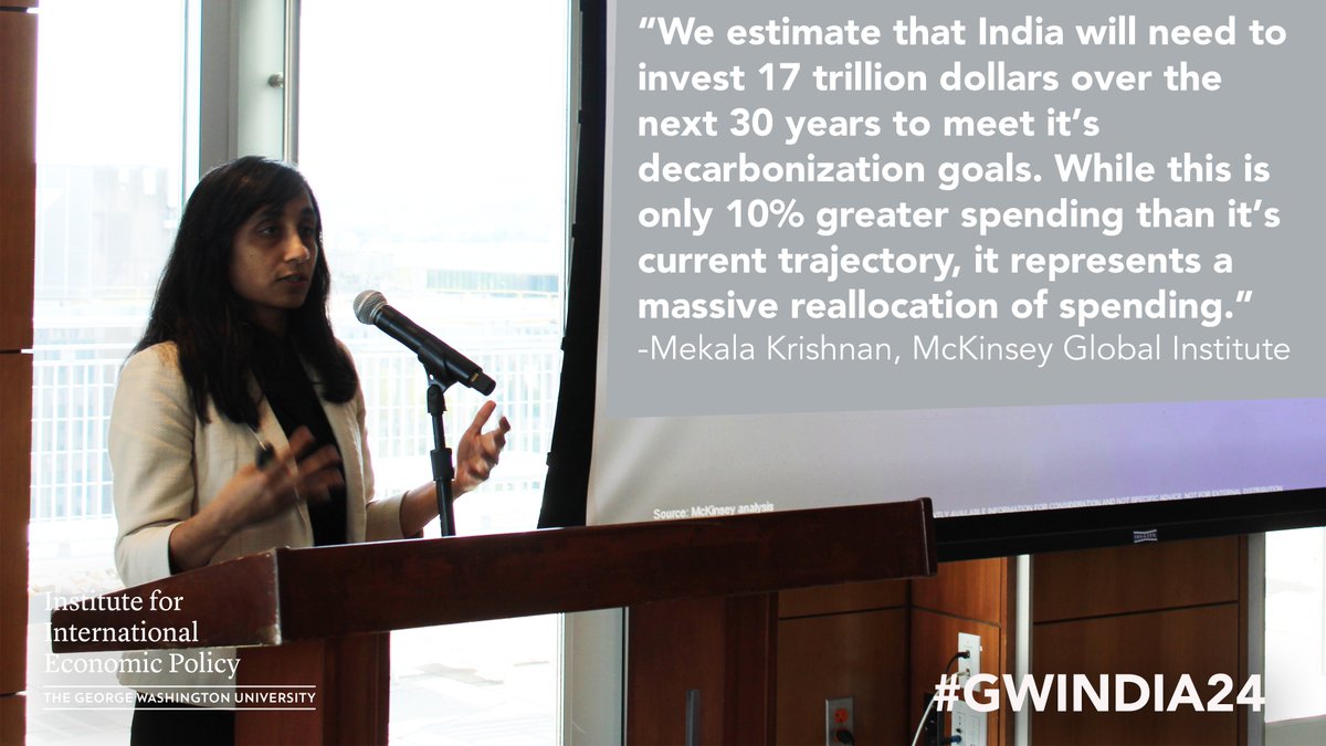 Mekala Krishnan of @McKinsey_MGI talks about the levels of spending required for India’s climate goals. Currently, 1/3rd of spending goes towards low-emissions assets, but this would need to increase to 3/4ths over the next 30 years.