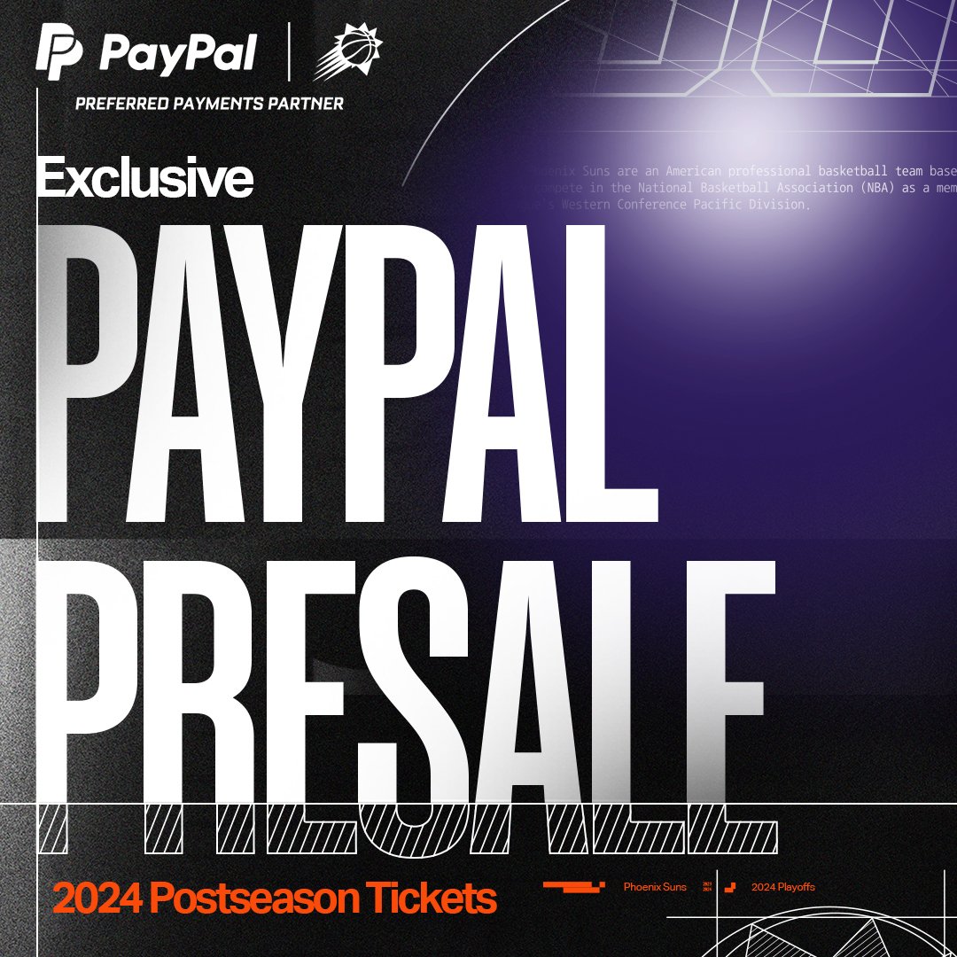 PayPal's tweet photo. Get early access to @Suns 2024 Playoffs tickets - only when you check out with PayPal!

April 17th from 10am to 12pm PST. Check back tomorrow for more info... https://t.co/FV83Otkbnf