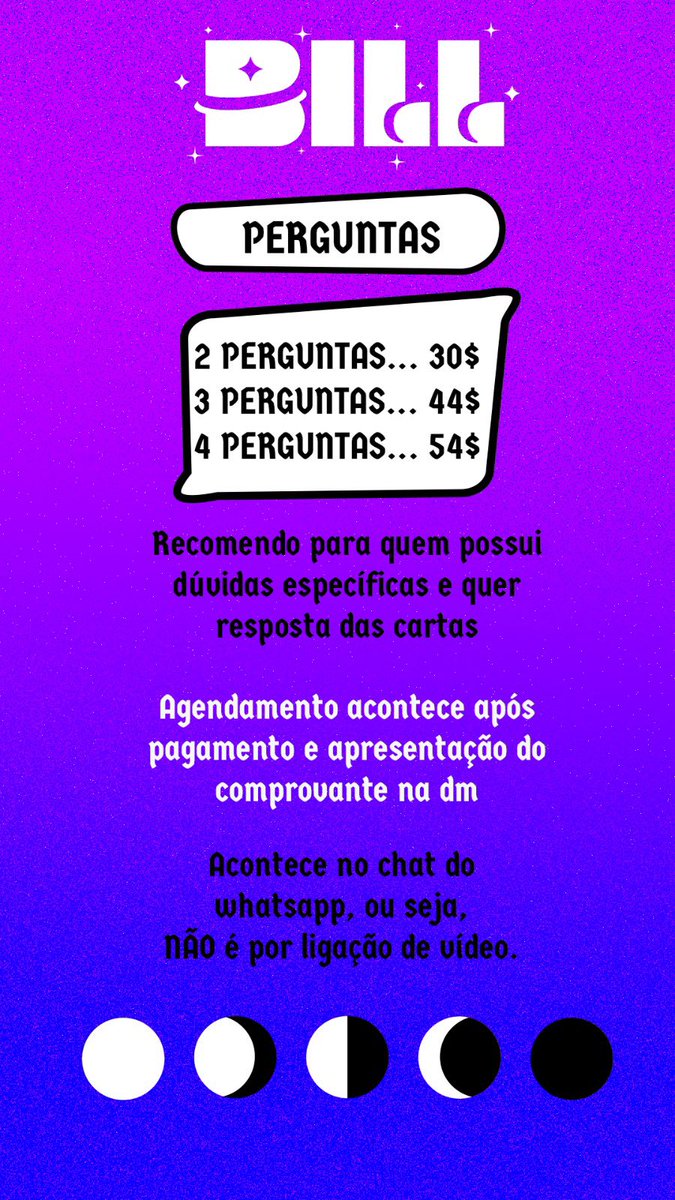 Perguntas avulsas pra quem tem dúvidas mais específicas e quer ver nas cartas. A partir de 30 reais! Pix: william.oliveira08@hotmail.com ou Coloque o valor e pague como quiser! link.mercadopago.com.br/billlanches