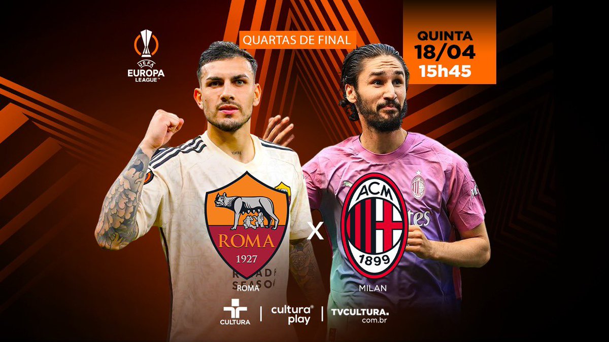 É decisão na tela da Cultura! 🔥 Nesta quinta-feira (18), a TV Cultura transmite o jogo de volta entre Roma e Milan, pelas quartas de final da Europa League. A narração é de Marco de Vargas e os comentos de Arnaldo Ribeiro, a partir das 15h45. #EuropaLeague #TVCultura #Roma…