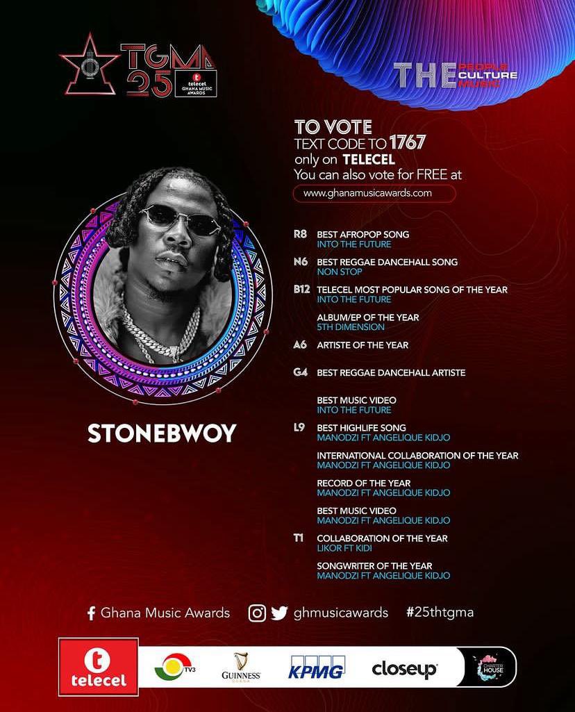 📣 It's time to show our support for @Stonebwoy as he dominates the Telecel Ghana Music Awards 2023-2424 with 13 nominations! Don't forget to vote by texting the code to 1767. Let's bring home the glory! #25thTGMA #Ekelebe 🎤🥇'