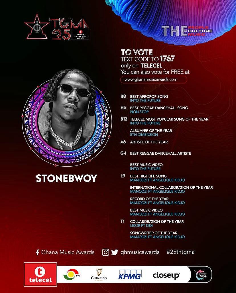 📢 Attention all music enthusiasts! @Stonebwoy is making waves with 13 nominations at the Telecel Ghana Music Awards 2023-2424. Show your support and vote now by texting the code to 1767. Let's help him claim his well-deserved victories! #25thTGMA #Ekelebe 🎵🔥