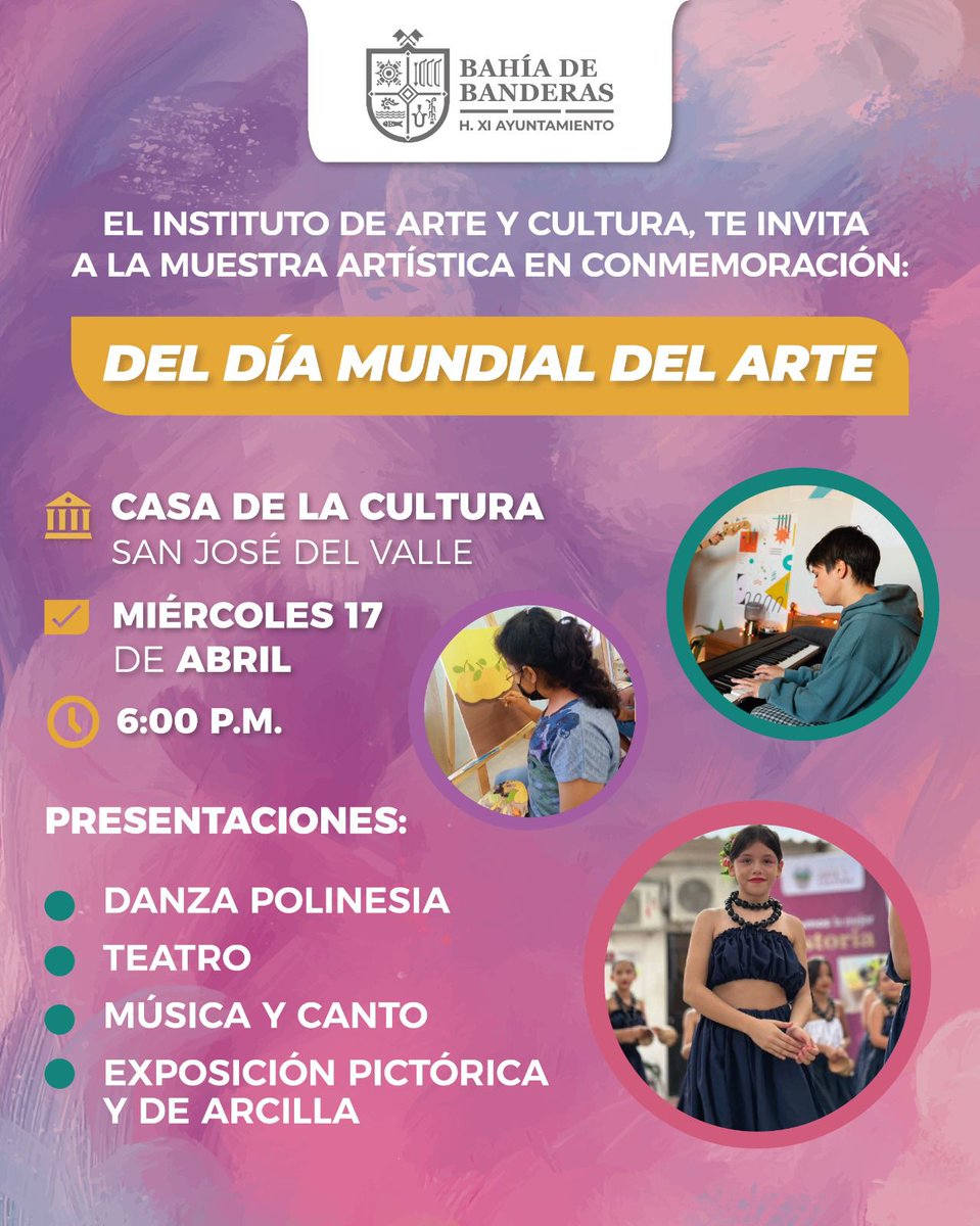🎹🎨 #BahíadeBanderas || Casa de la Cultura invita al Festival del Día Mundial del Artes. 

📲metropolibahia.com/archivos/39236