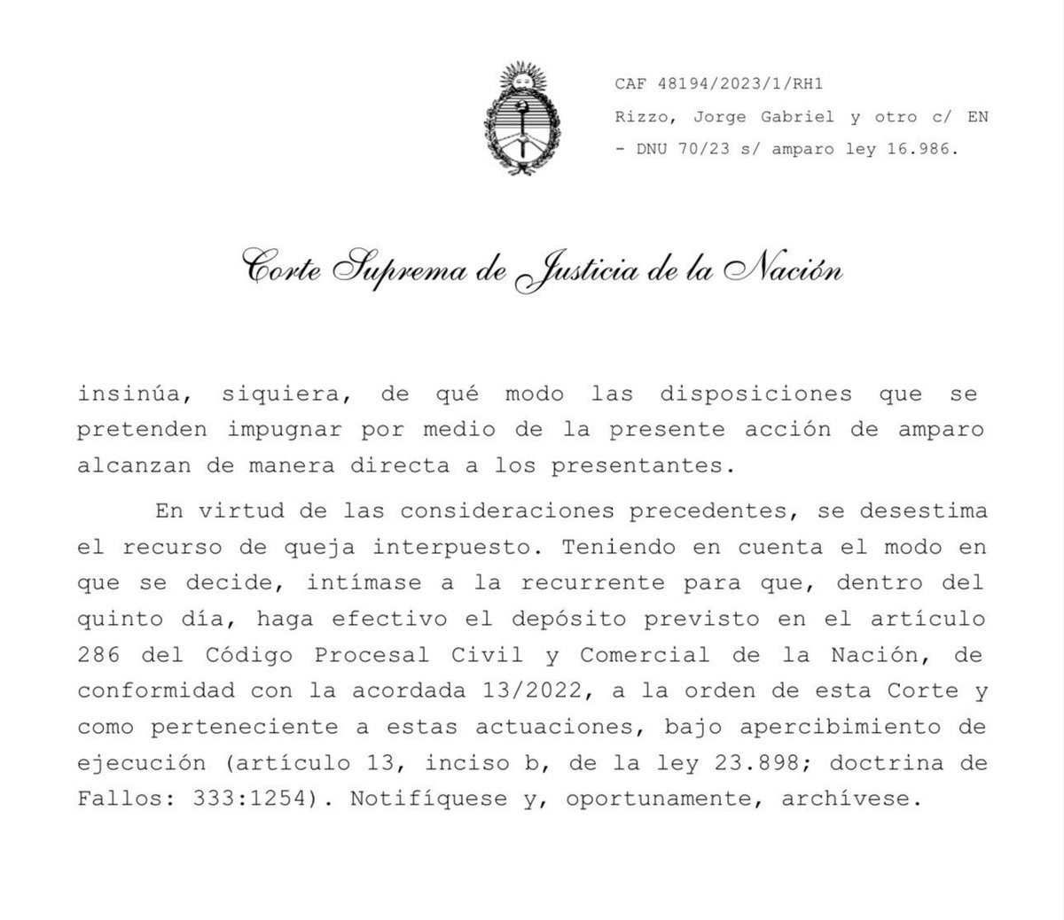 Por unanimidad la Corte Suprema rechazó los amparos en contra del DNU del presidente @jmilei. Ponen trabas los mismos de siempre, pero esta vez la justicia ratificó el rumbo, vamos a seguir por el camino de la libertad y el cambio verdadero de la Argentina.