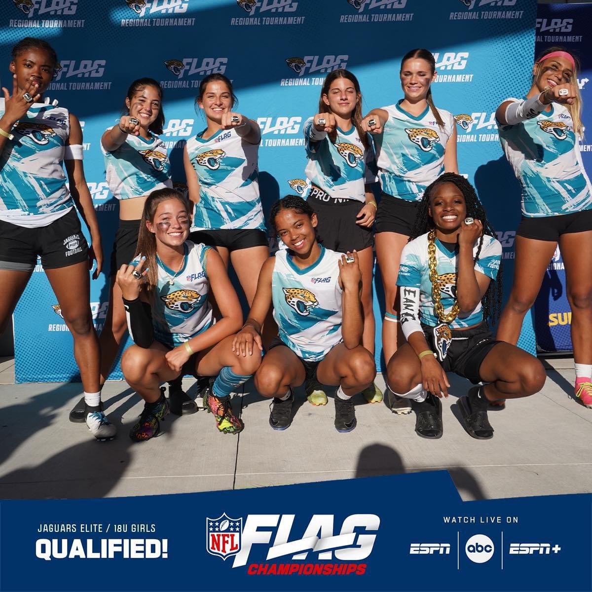 18U @Jaguars Elite is ready for the @NFLFLAG Championships after winning the Jacksonville Jaguars Regional Tournament on Saturday! 📍 Canton, Ohio. 🗓️ July 2024. 📺 ESPN.