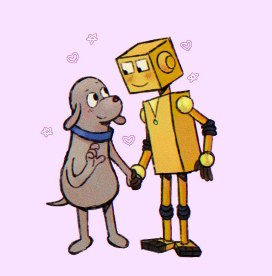 Sometimes he holds his hand too tight. 🌸
Ooh, but that's alright. ❤️‍🩹
Dog Varon and his fabulous loving machine. 🤖♥️🐶

The idea came after a beautiful edit I saw on facebook.
#RobotDreams #RobotDreamsfanart #MiAmigoRobot #TVGirl
 facebook.com/share/v/BkHq8x…