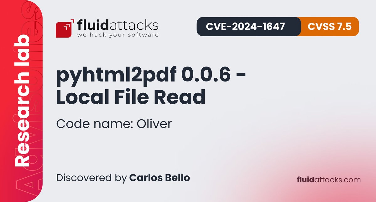 Our #researchteam found a #zeroday vulnerability in Pyhtml2pdf. As a CNA, we assigned the ID CVE-2024-1647. Details about it here: 🔗bit.ly/3TFdEcA. We have announced 156 #CVE to this date: 🔗bit.ly/3PchSF1 #WeHackYourSoftware

#CNA #AppSec #CVSS