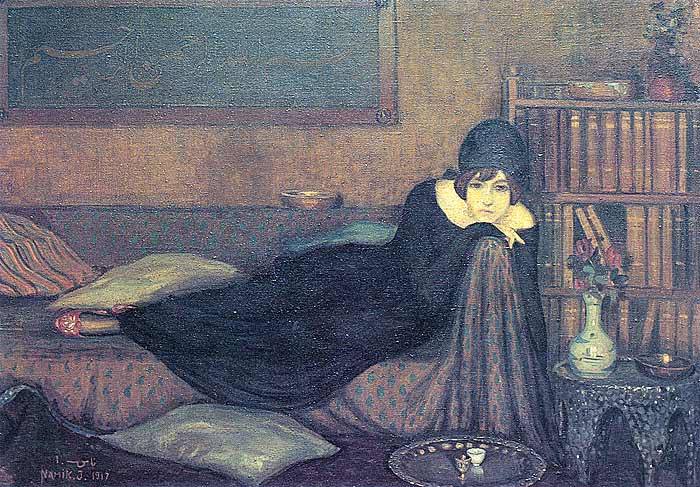 Hüzünlü bakışları ile Sedirde Uzanan Kadın, 1917, Ressam Namık İsmail