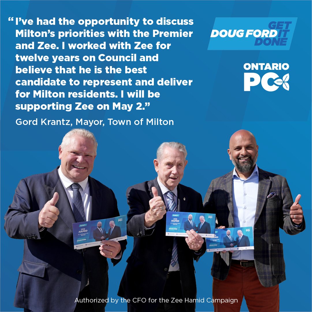 Zee Hamid is endorsed by Gord Krantz, Mayor of Milton. Working together we will keep Milton moving, keep taxes low and deliver services Milton deserves and expects. #milton #votezee #onpoli