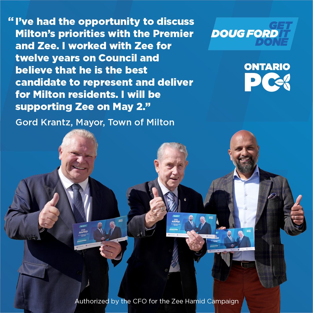 OntarioPCParty's tweet photo. Zee Hamid is endorsed by Gord Krantz, Mayor of Milton. Working together we will keep Milton moving, keep taxes low and deliver services Milton deserves and expects. 
#milton #votezee #onpoli https://t.co/u4XnofzscC