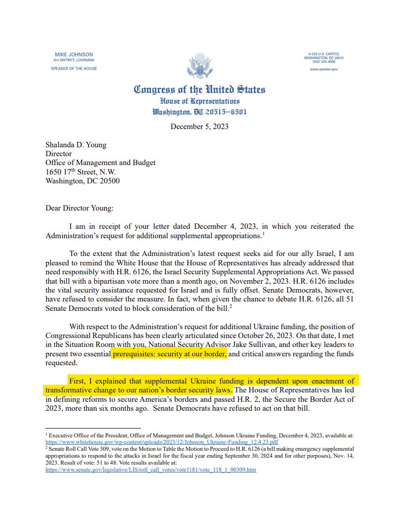 In December, @SpeakerJohnson wrote a letter to the White House reiterating that NO FUNDING FOR UKRAINE would be considered WITHOUT BORDER SECURITY. Read the letter for yourself. Where is that Speaker? speaker.gov/speaker-johnso…