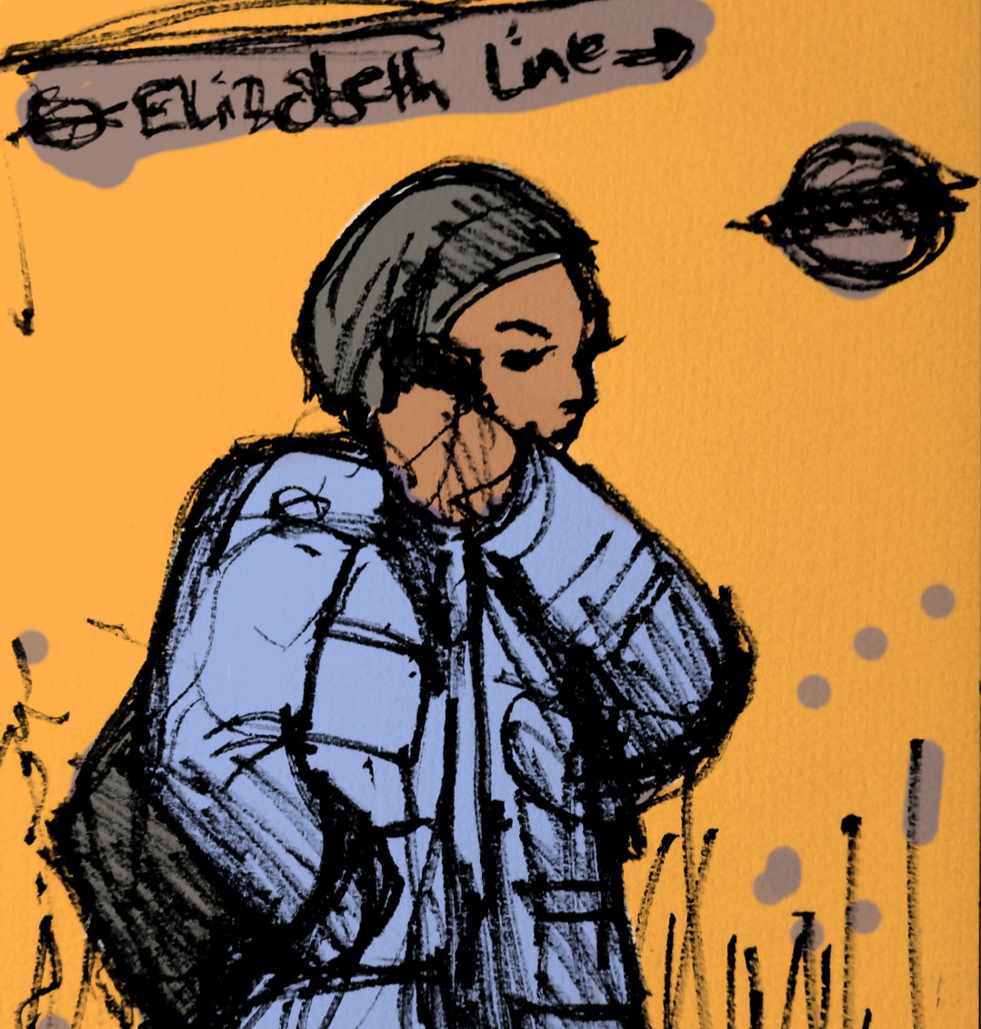 ' waiting for #trains 2,  #whitechapel #overground #London ' #draweveryday #everyday #handdrawn #tombo pen on paper, digital colour #urbansketch #art #city #energy  #expressionistic #city #elizabethline #londonunderground #woman