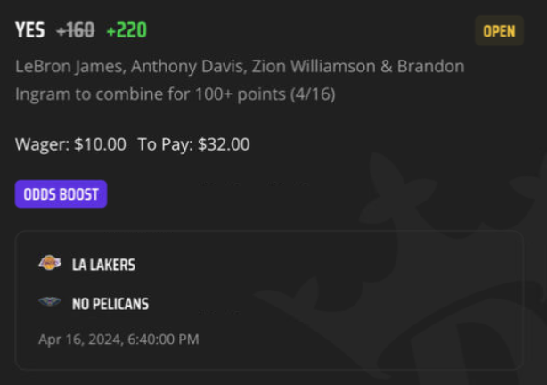 EdgePlayBook's tweet photo. #BetInPublic #WomenInBetting the second #NBAPlayINTournament promo given out by #DraftKings is for #LakersPelicans game. The fair odd for #LeBron #ADavis #Zion and #BrandonIngram to combine for 100+ points is +190 for 11% EV #GamblingX #EVBetting