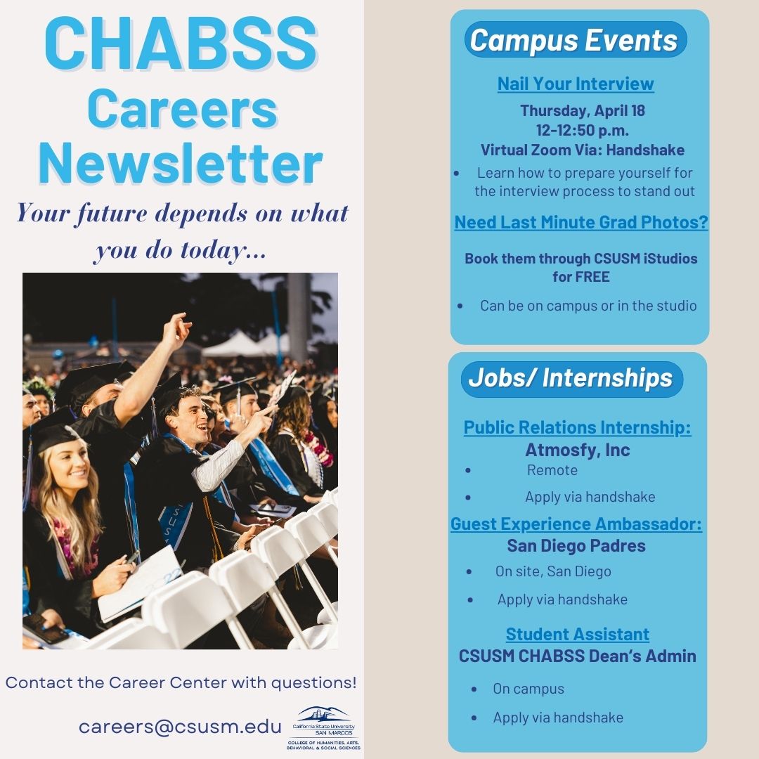 csusm_chabss's tweet image. CHABSS is back with our weekly newsletter to let you know what's happening around campus!