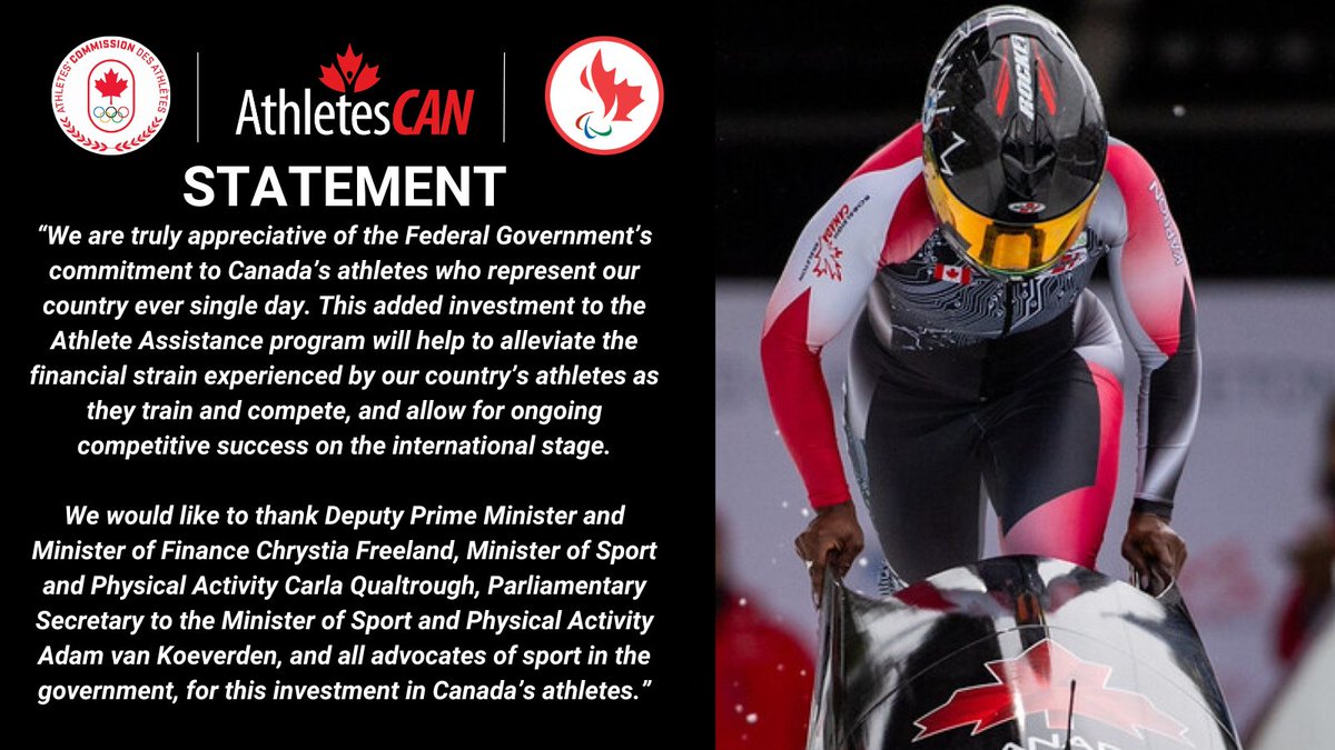 AthletesCAN, @TeamCanadaAC and the CPC AC statement regarding the announcement in the 2024 Federal Budget that funding for the Athlete Assistance Program (AAP) will be increased by $35 million over the next five years. #AthleteVoice #Budget2024