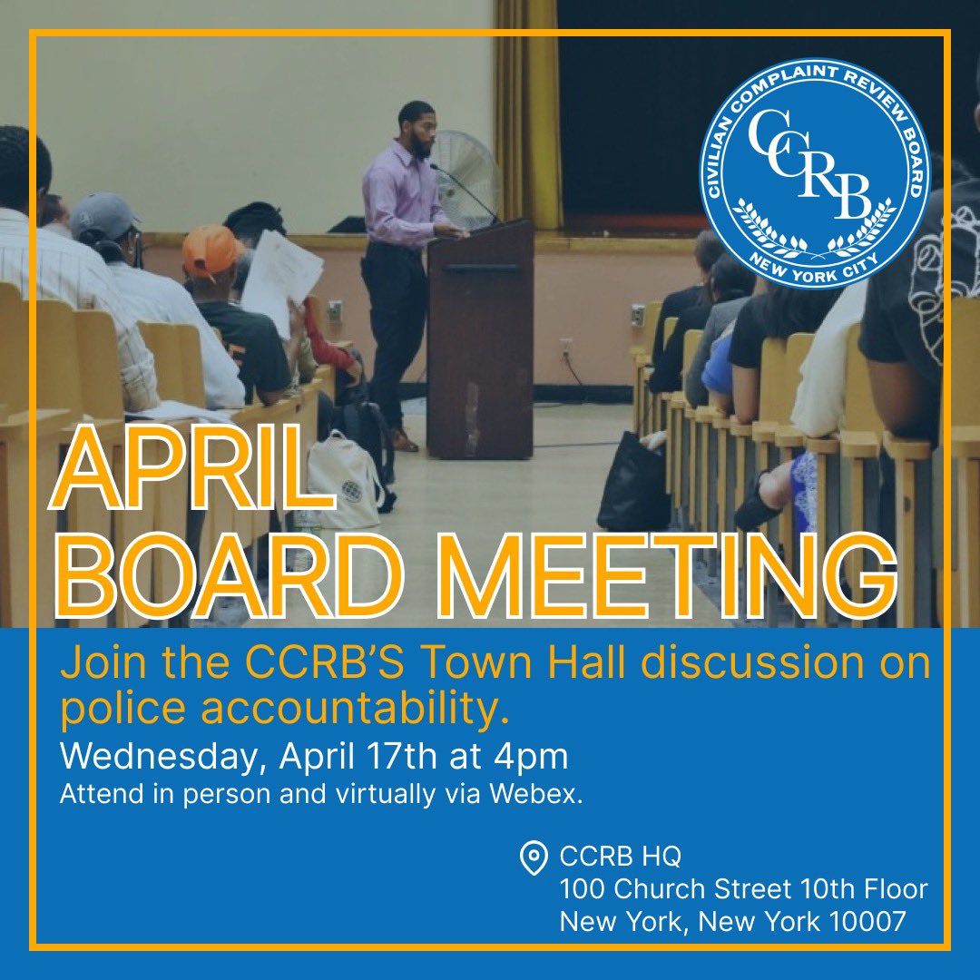 The CCRB’s April Board Meeting is tomorrow, 4/17. Register and attend virtually: nycccrb.webex.com/weblink/regist…