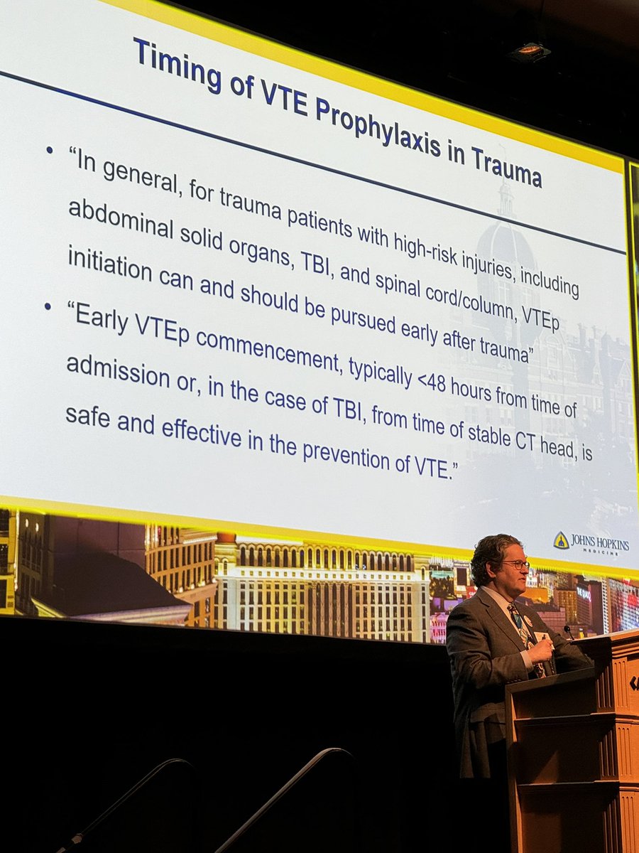 VTE is bad! What about prevention in the trauma patient? @elliotthaut up on stage now with an update Give early! Every hour matters #TCCACS24 #TCCACS2024
