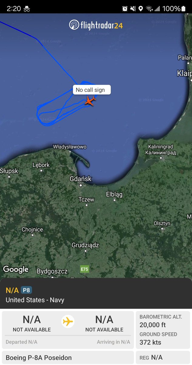 US Navy P-8A Poseidon #AE6878 out of RAF Lossiemouth is back over the Baltic near Kaliningrad, albeit somewhat west of recent operations.