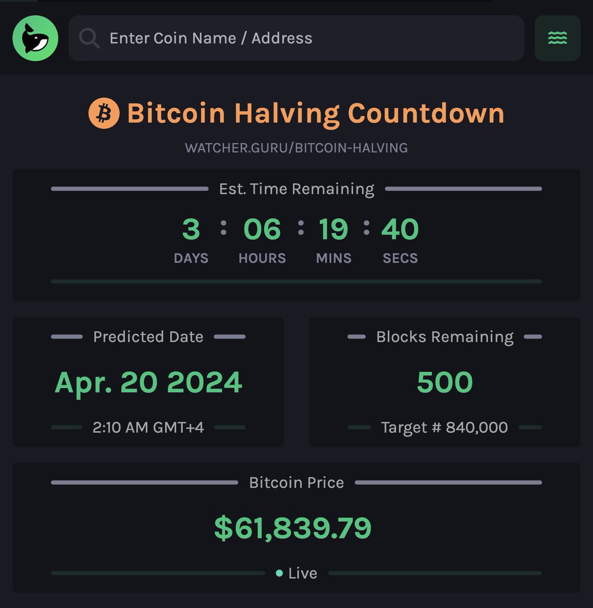 BitsdayCom's tweet photo. 500 blocks remain until #Bitcoin  halving. https://t.co/gAjH64ac27