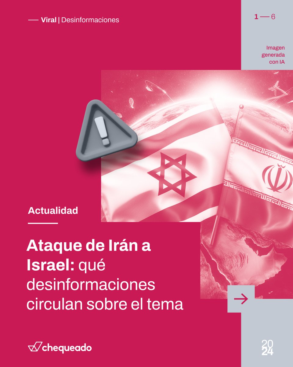 Chequeado's tweet photo. Ataque de Irán a Israel: qué desinformaciones circulan sobre el tema

📍 En este hilo 🧵, un repaso por los contenidos falsos que circulan y algunos recursos para no caer en una desinformación.

🎨 @msevero_dg 
✍️ @lugardel, @depuntocorti y @RosarioMarina_ https://t.co/JJzUp1mVSu