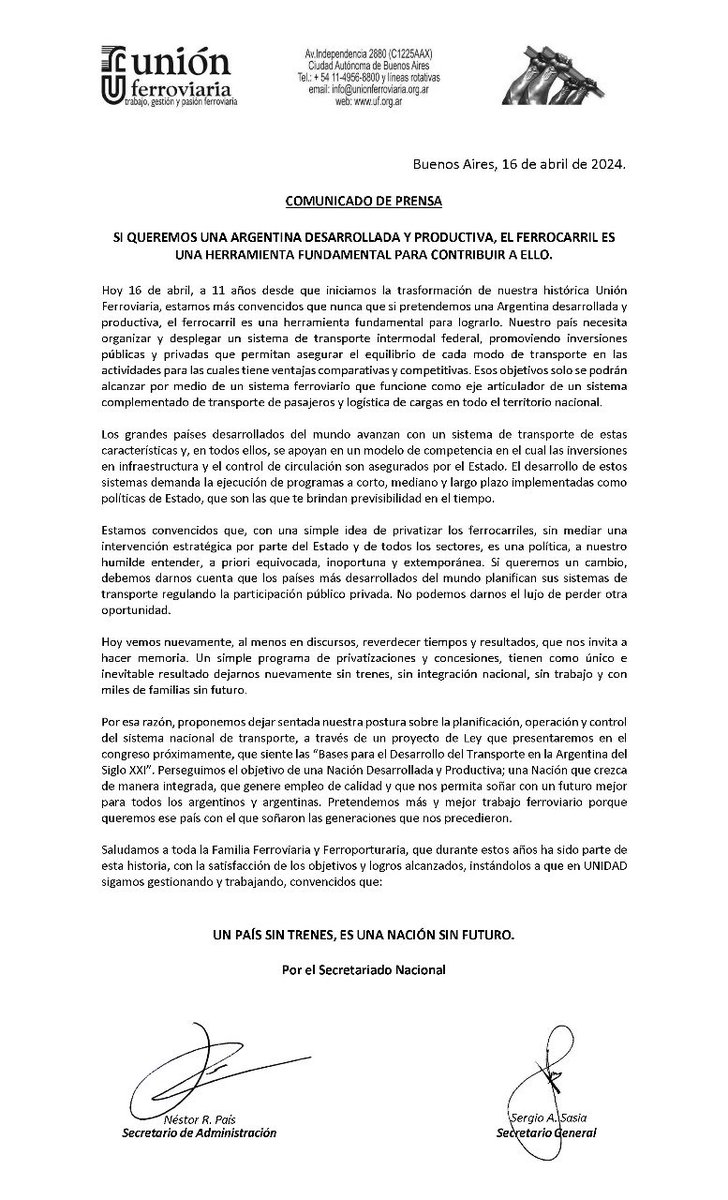 Comunicado de prensa: SI QUEREMOS UNA ARGENTINA DESARROLLADA Y PRODUCTIVA, EL FERROCARRIL ES UNA HERRAMIENTA FUNDAMENTAL PARA CONTRIBUIR A ELLO. Junto a integrantes del Secretariado Nacional de la Unión Ferroviaria, a 11 años del inicio de gestión.