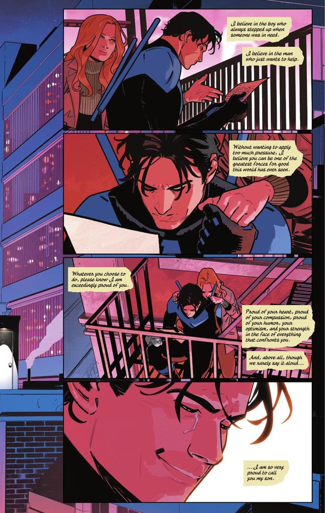 AsaLopezGreen's tweet photo. @TomTaylorMade @DiNicuolo_ @Bruno_Redondo_F @marvwolfman #Nightwing300 I love this moment so much. It might be my favourite moment of any comic to date honestly and there are some amazing Nightwing moments in that list https://t.co/tncPvLTlFb
