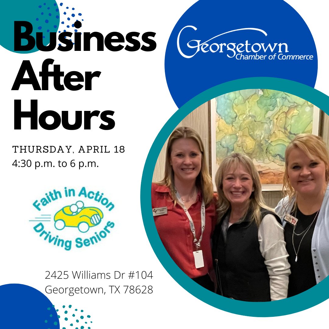 🌞Join us at Faith in Action's Business After Hours on April 18th. Network, connect and have fun! ⁠ #georgetownchamber #gtchamber #businessbeforehours #supportlocal #chamberofcommerce #georgetowntx