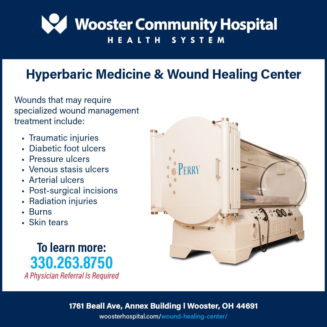 If you or a loved one have a wound that isn't healing, our Hyperbaric Medicine and Wound Healing Center is here to help you! To learn more about what our wound healing center offers, visit our website at woosterhospital.org/services/wound… or call 330.263.8750. #WCHcare