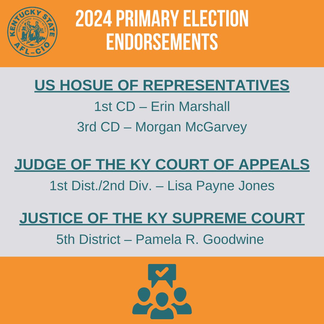 aflcioky's tweet photo. Announcing the Kentucky State AFL-CIO's 2024 Primary Election Endorsements
#Labor2024 #KyElect #WorkingFamilies #UnionStrong #1Union https://t.co/ZUhIaGGcaR