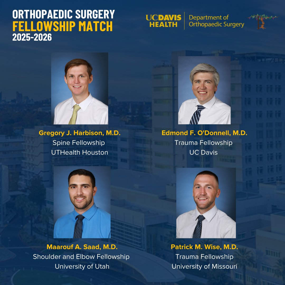Congratulations to our PGY4 residents who have successfully matched into their #fellowship programs. We are extremely proud of their hard work and dedication that has led them to this significant step in their medical careers! @ucdavishealth @UCDavisMedCntr #orthotwitter #ortho
