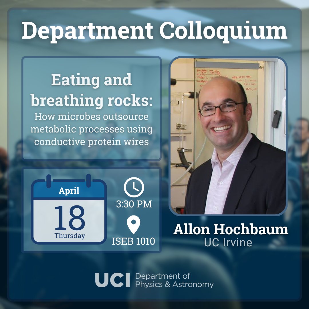 UCI Physics & Astro (@uciphysastro) on Twitter photo This week's departmental colloquium features Professor Allon Hochbaum, who will share the microbial secret to sustaining life by consuming rocks. "This metabolic trick, called extracellular electron transfer (EET)," which will be the focus of this talk. 🦠 This week's departmental colloquium features Professor Allon Hochbaum, who will share the microbial secret to sustaining life by consuming rocks. "This metabolic trick, called extracellular electron transfer (EET)," which will be the focus of this talk. đź¦