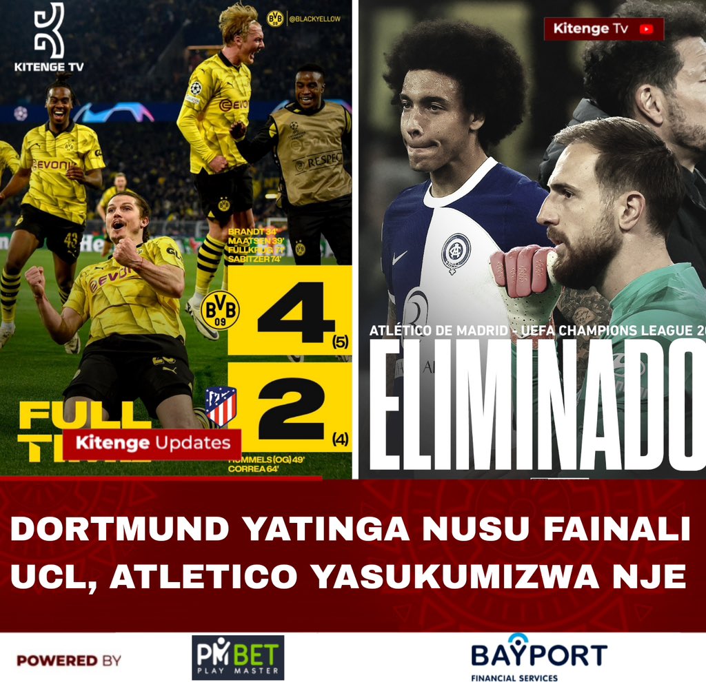 Borussia Dortmund imetinga nusu fainali ya Ligi ya Mabingwa Ulaya kufuatia ushindi wa jumla wa 5-4 dhidi ya Atletico Madrid kwenye robo fainali. FT: Dortmund 🇩🇪 4-2 🇪🇸 Atletico Madrid (Agg. 5-4) ⚽ Brandt 34' ⚽ Maatsen 39' ⚽ Fullkrug 71' ⚽ Sabitzer 74' ⚽ Hummels (og) 49' ⚽…