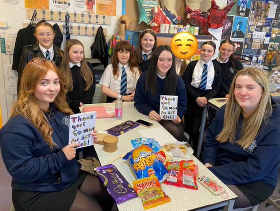 Party today to say a HUGE thank you to Cara and Miren for leading the S1 Art and Design lunch club so well every Tuesday. 🎨🖌️🖼️ Wishing you both all the very, very best as you leave S6! Good luck and thank you for your kindness, creativity and time.🍀😊